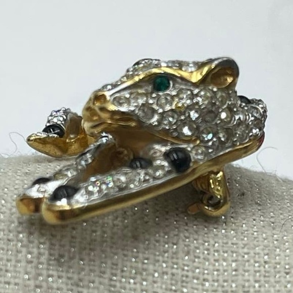 Panther Silver Gold Tone Rhinestones Black Cabochons Green Eye Brooch - Picture 14 of 16